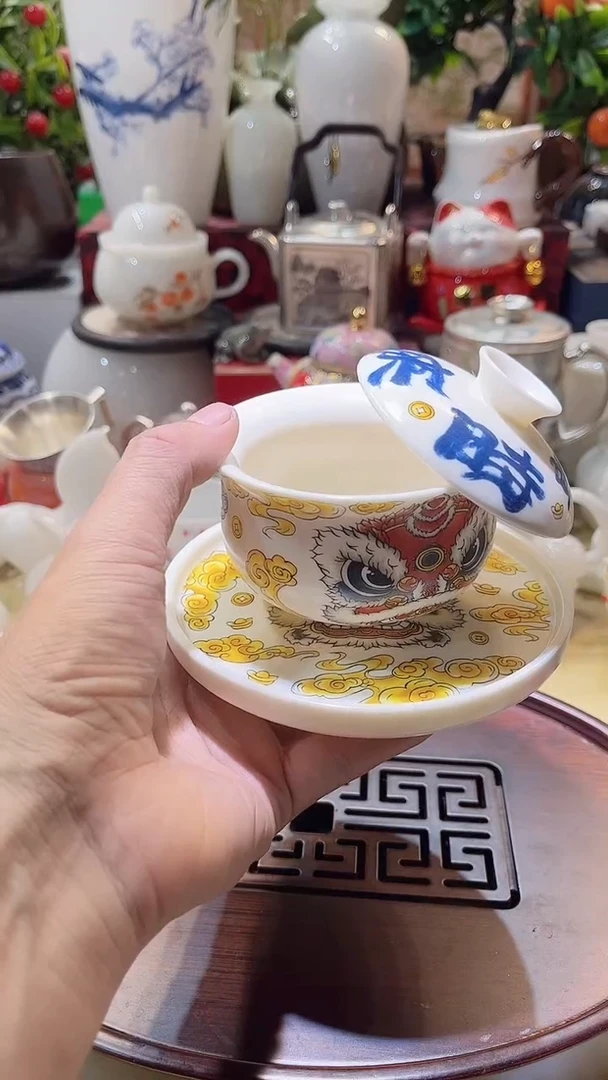 瓷片德艺茶器直播间@@盖碗醒狮