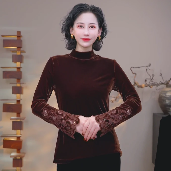 真丝丝绒长袖秋冬洋气刺绣雕花半高领内搭衬衫C260-1