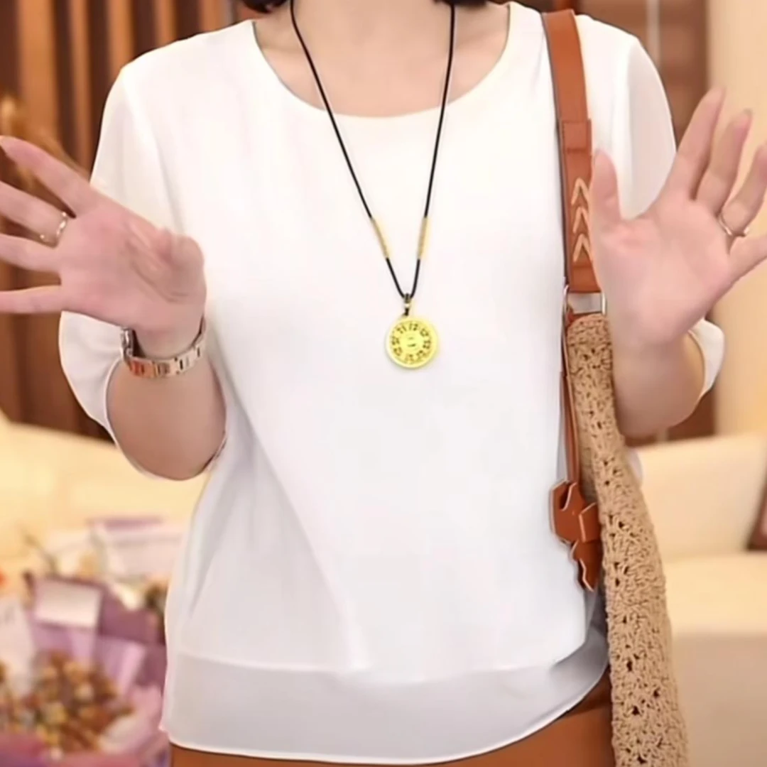 【乔其纱】纯色圆领百搭短袖小衫夏季母亲衣服夏装双层纱透气上衣