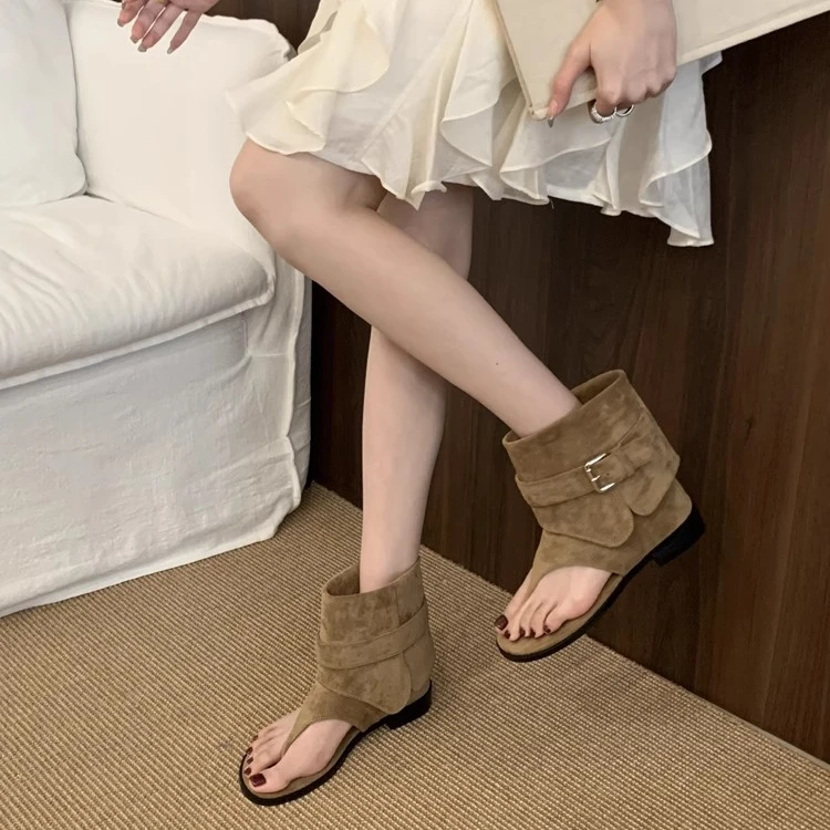 时尚凉短靴女款夏季夹趾凉靴女2025新款平跟罗马凉鞋休闲复古女鞋