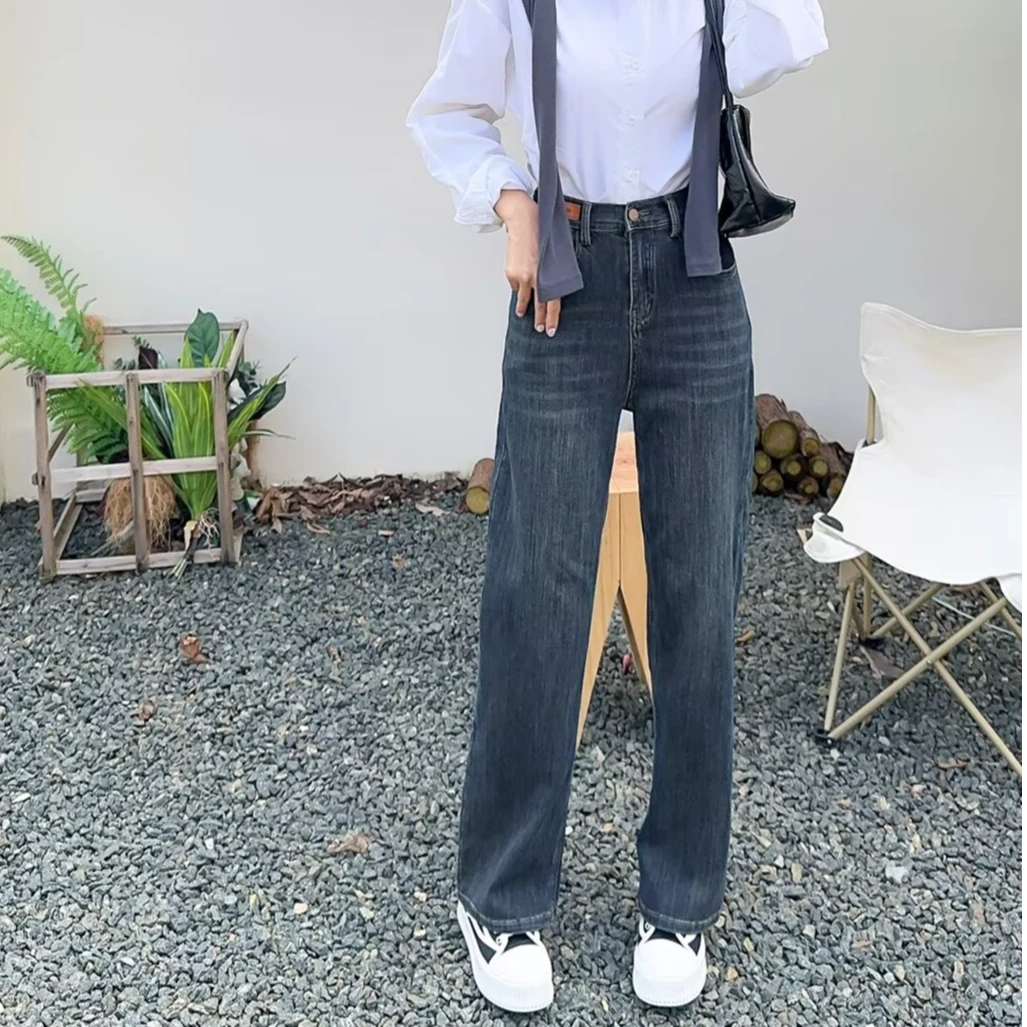 JIANAOBEN/简澳本大码高腰弹力显瘦宽松洋气直筒拖地裤女牛仔长裤