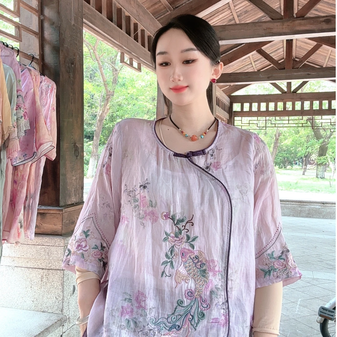 {周周.小锦鲤}圆领印花斜肩吸汗斜襟夏季上衣中国风扎染复古提花