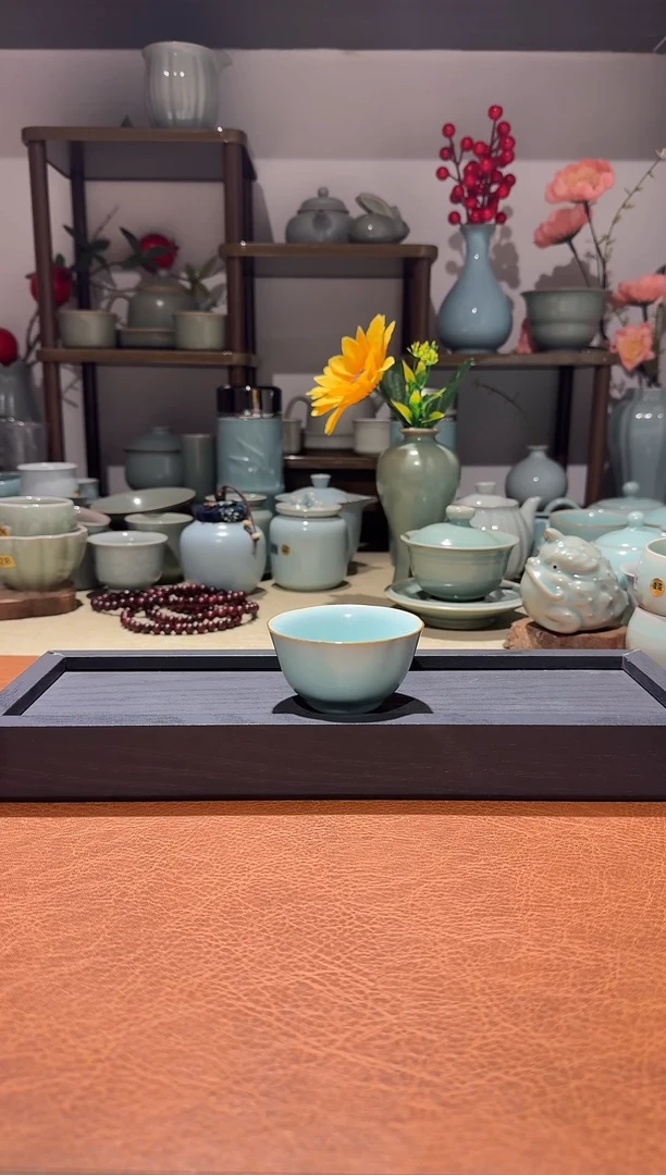 杯子陶花口杯 缥碧釉一级精品 主人杯品茗杯*