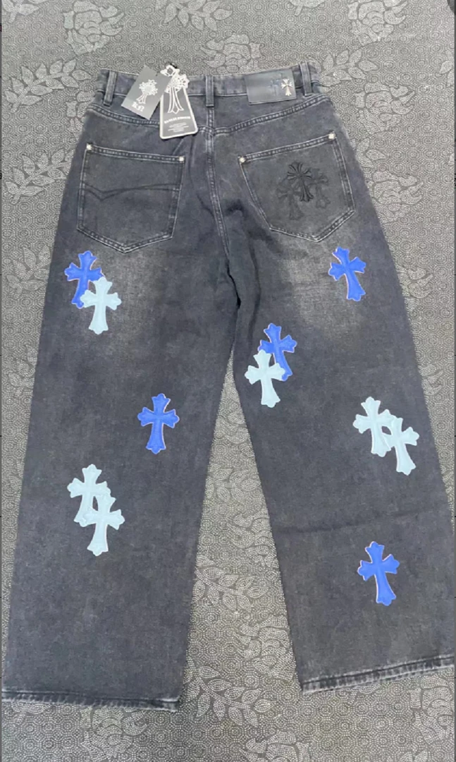 美式高街水洗十字架拼皮牛仔裤男女同款EP2191