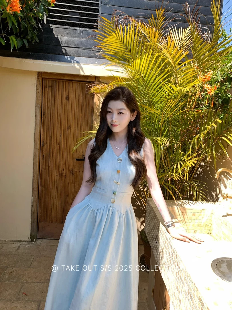【氧气奶蓝】小香感马甲无袖背心连衣裙女夏高级感法式气质收腰长裙