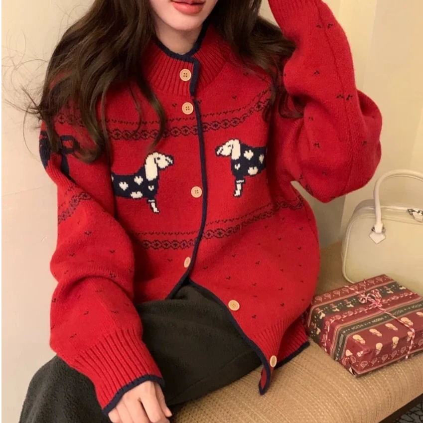 新年款趣味腊肠狗软糯毛衣外套女冬季加厚韩系宽松单排扣针织开衫