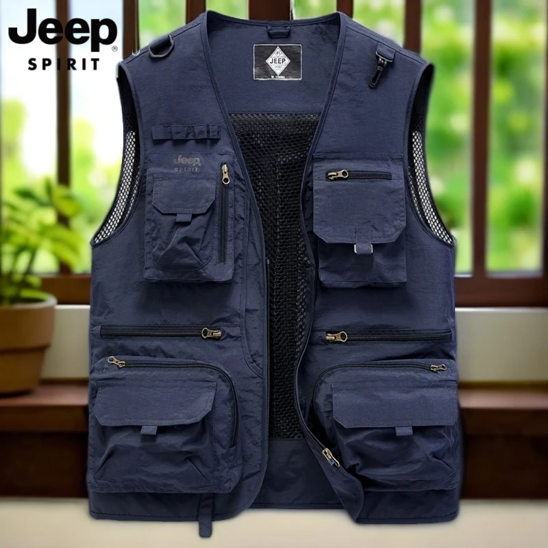JEEP吉普男装马甲户外轻薄摄影背心夏天休闲多口袋钓鱼网眼马甲