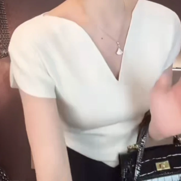 设计老钱风常规短轻奢百搭V领T恤百搭设计感纯色气质上衣小衫