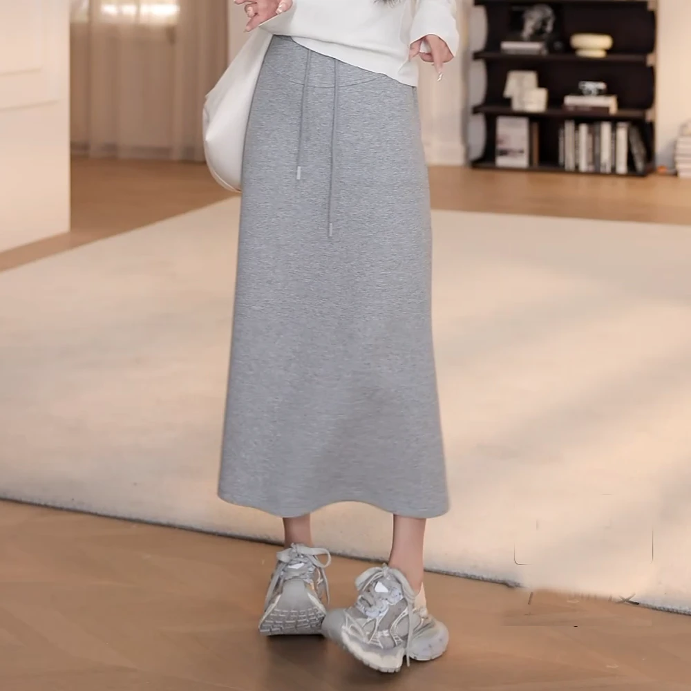 显瘦抽绳秋冬春秋高腰半身裙时尚休闲宽松气质韩版收腰中长款减龄