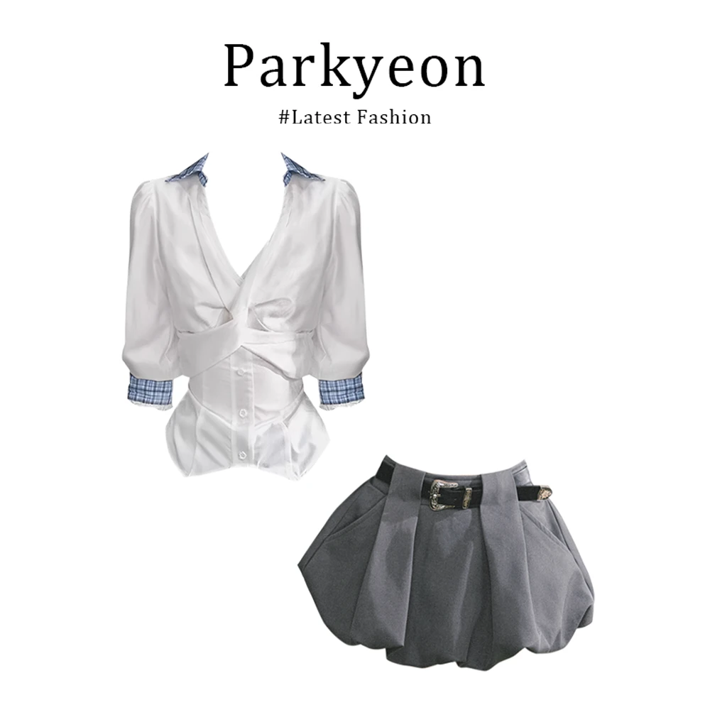 parkyeon高级感撞色翻领格纹拼接衬衫女早秋纯欲辣妹花苞半裙套装