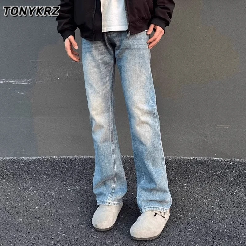 TONYKRZ浅蓝色弯刀牛仔裤男美式高街vibe直筒裤子修身高腰微喇裤