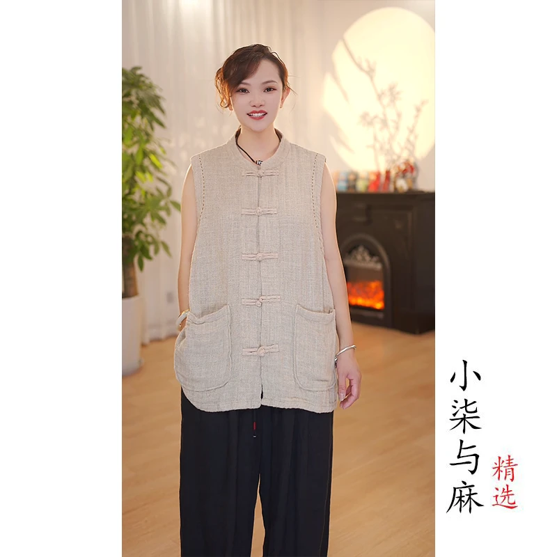 【小柒与麻】100%雨露亚麻贡针穿线双层全开襟小衫（长66-70胸围132）
