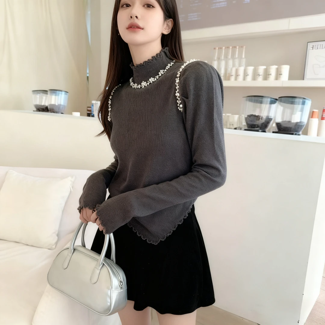 【大码女装】2025年秋冬半高领打底毛衣女重工秋冬钉珠半高领针织衫