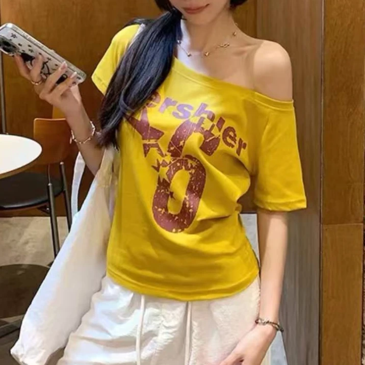 夏季韩版t恤百搭显瘦辣妹宽松印花设计感洋气打底小众露肩上衣