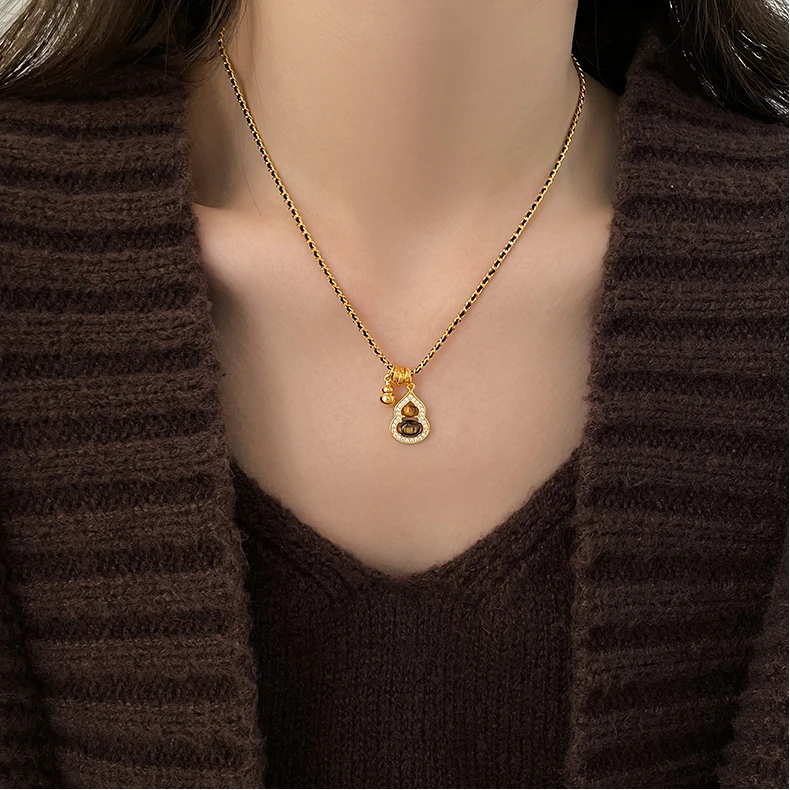 铜合金项链 虎眼石葫芦转珠项链女款秋冬美拉德毛衣链百搭锁骨链