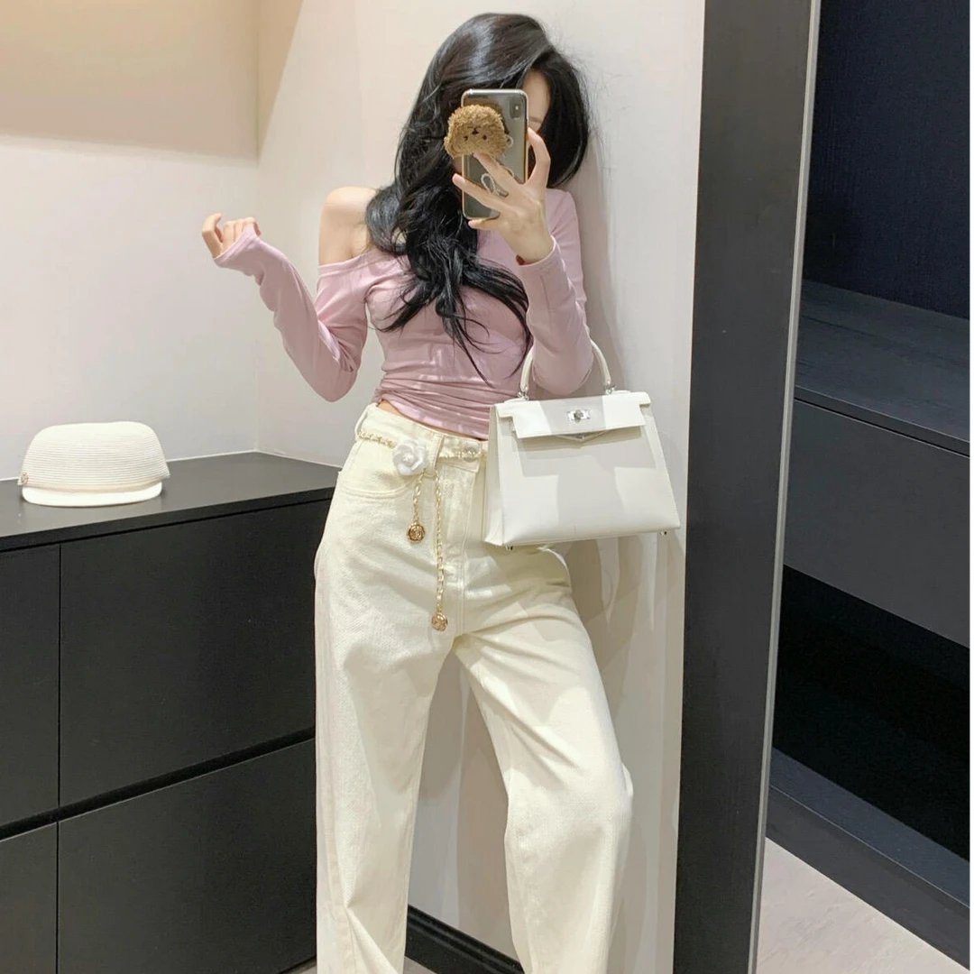 气质显瘦斜肩上衣长袖打底外穿时尚套装宽松百搭洋气长裤阔腿女裤