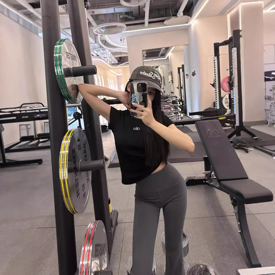 A.LO夏季新品弹力修身收腰显瘦运动圆领短袖T恤透气上衣