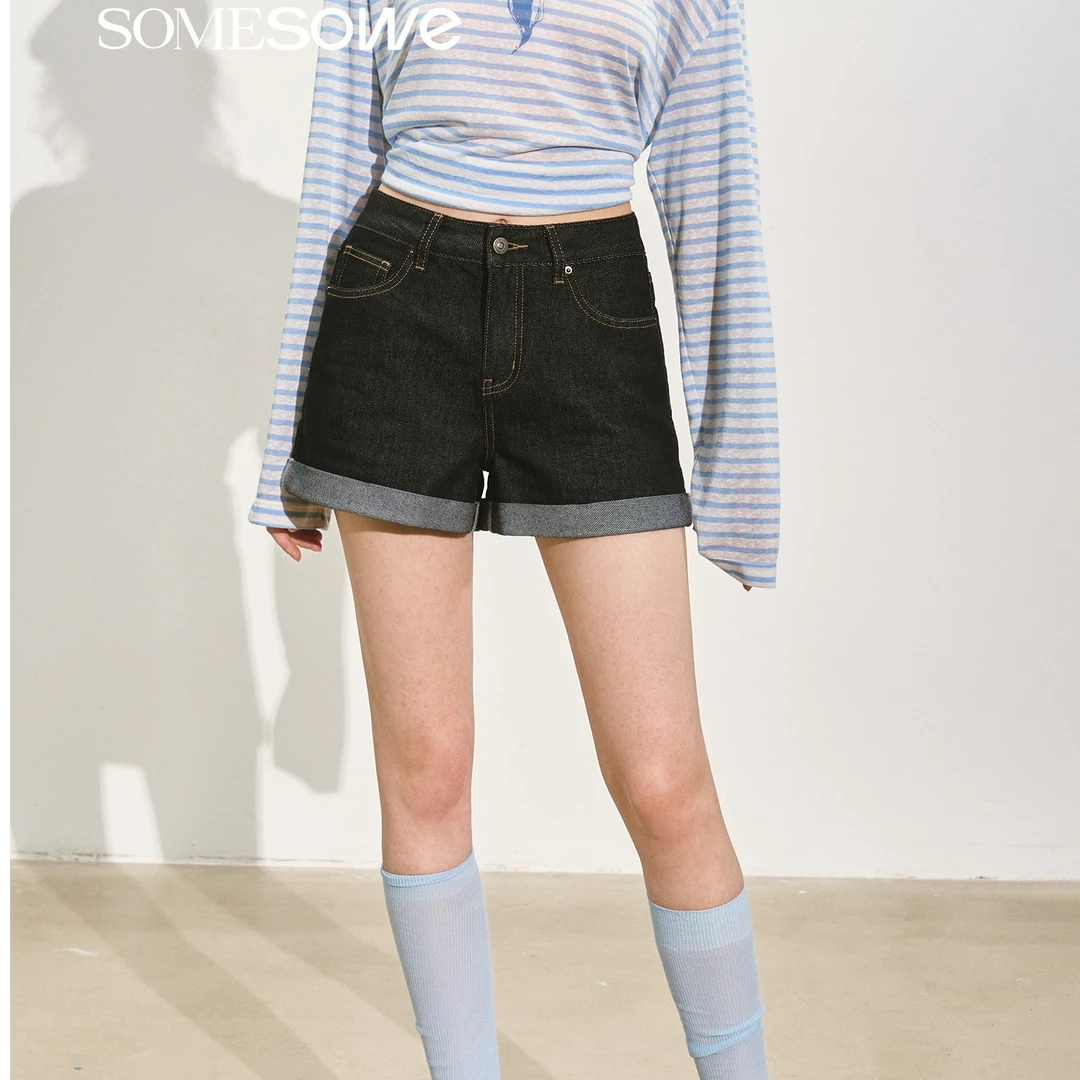 SOMESOWE 2025夏季新品原色卷边水洗牛仔短裤
