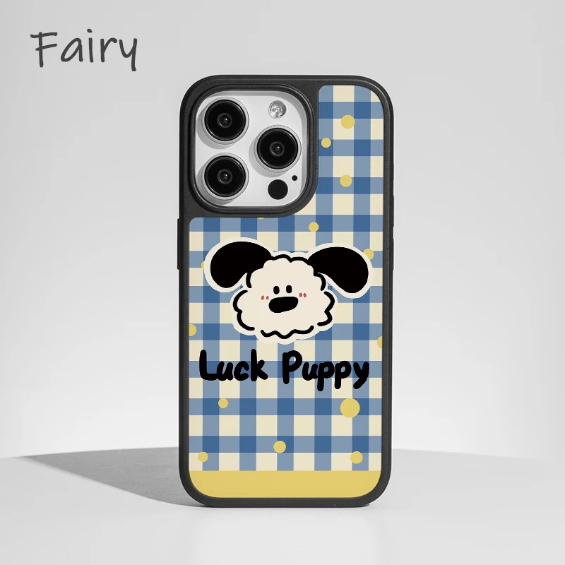 蓝格纹小狗适用苹果16promax手机壳iphone15新款14全包防摔12磁吸