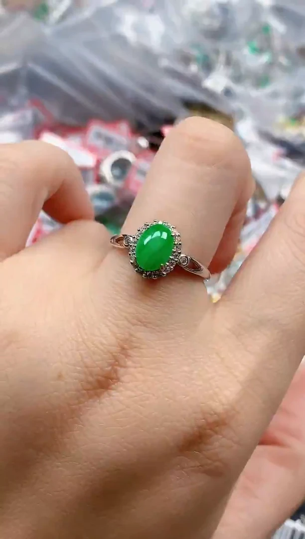 银S925镶嵌戒指翡翠天然A货缅甸翡翠