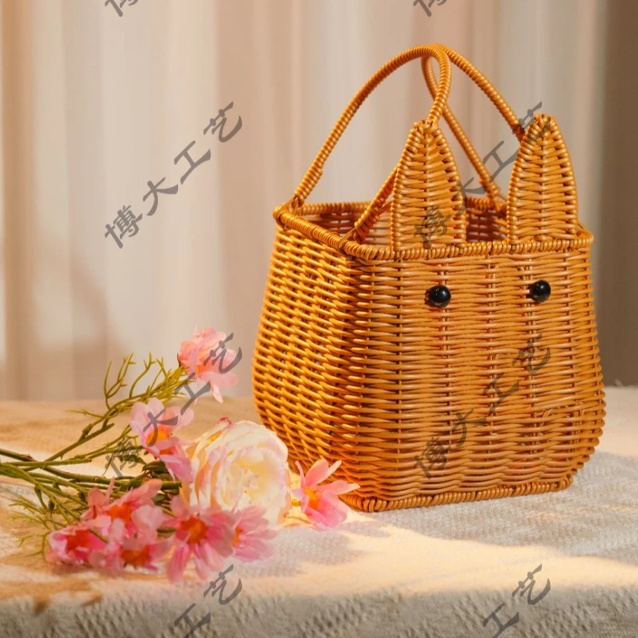 纯手工仿藤编织创意可爱小兔提手篮家用买菜篮简约复古提篮收纳篮