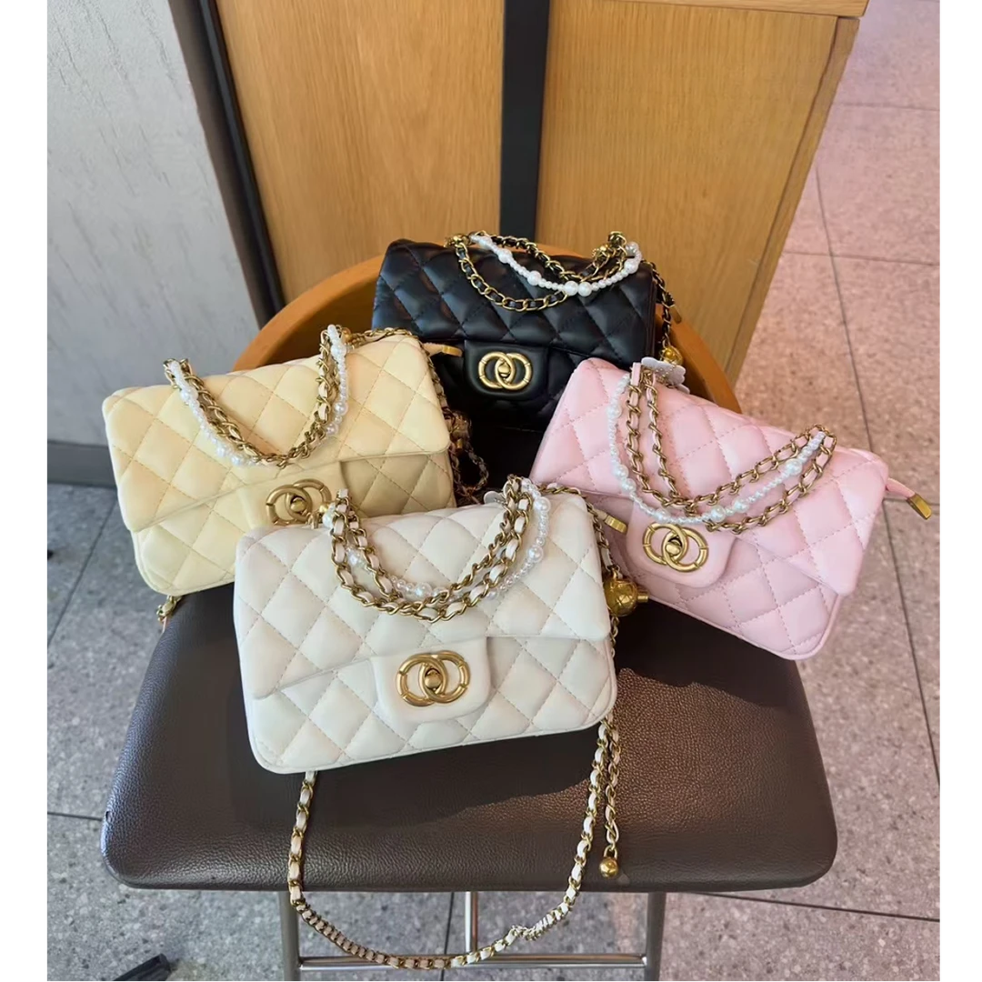 【A015】8553 珍珠方胖子手拎包洋气百搭口盖包单肩斜跨菱格链条包