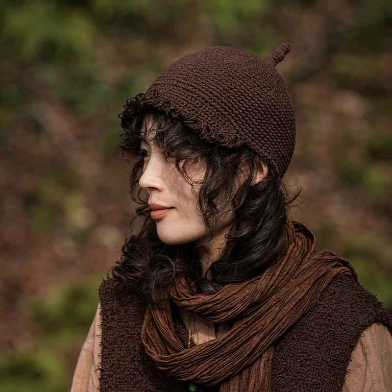 疯子张25春款手工钩织流苏百搭小毛线包头做旧抽绳啾啾帽#08416