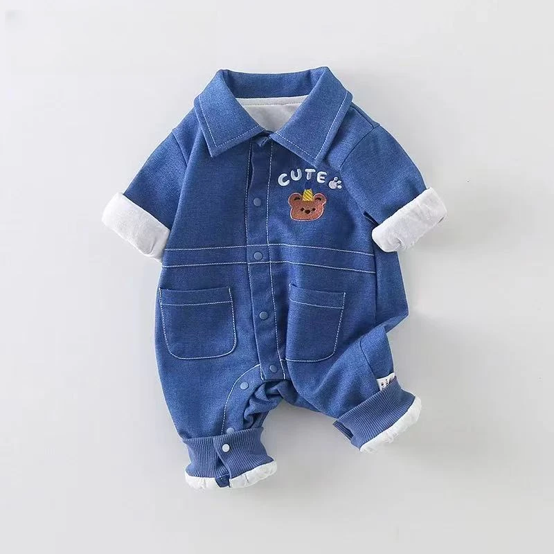 s【优选】婴幼儿男女宝宝工装牛仔连体衣春秋哈衣帅气套装sy
