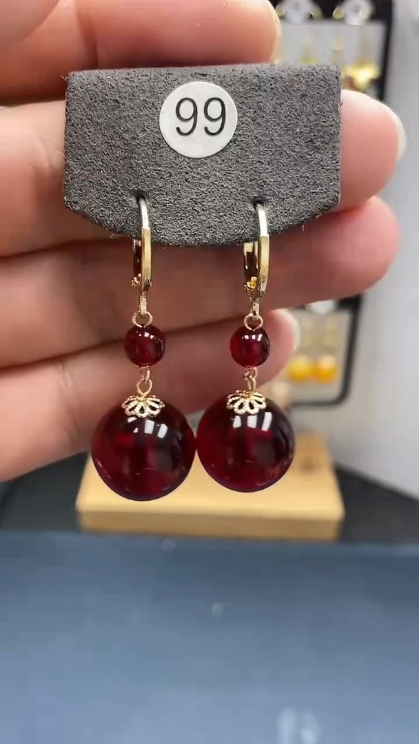 银S925镀金镶嵌血珀耳饰尺寸16mmD2