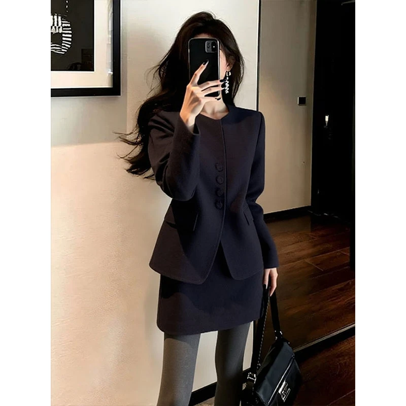 法式小香风黑色西装毛呢套装女2025新款秋冬气质外套半身裙两件套