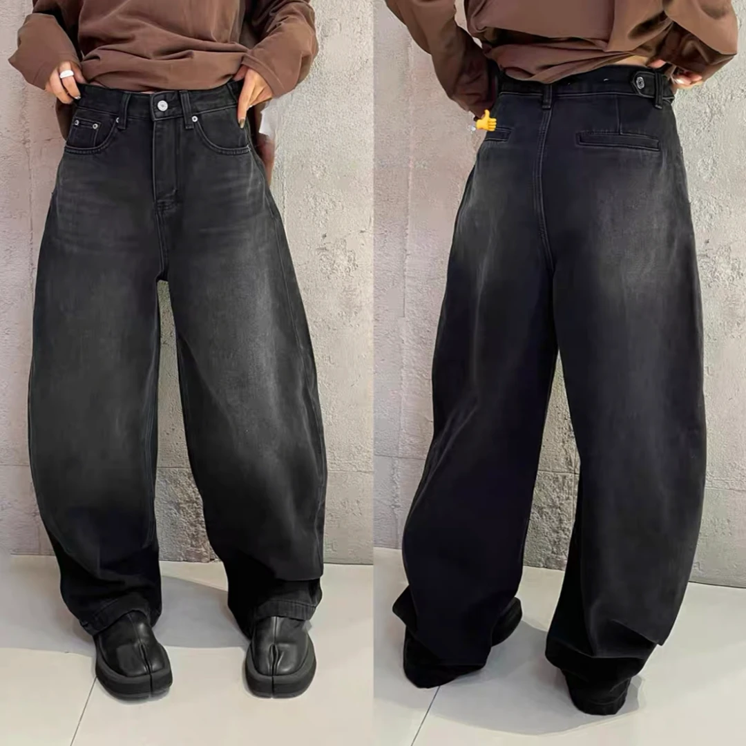 61329#欧货春款新款磨毛直筒牛仔裤高腰百搭弯刀裤阔腿裤