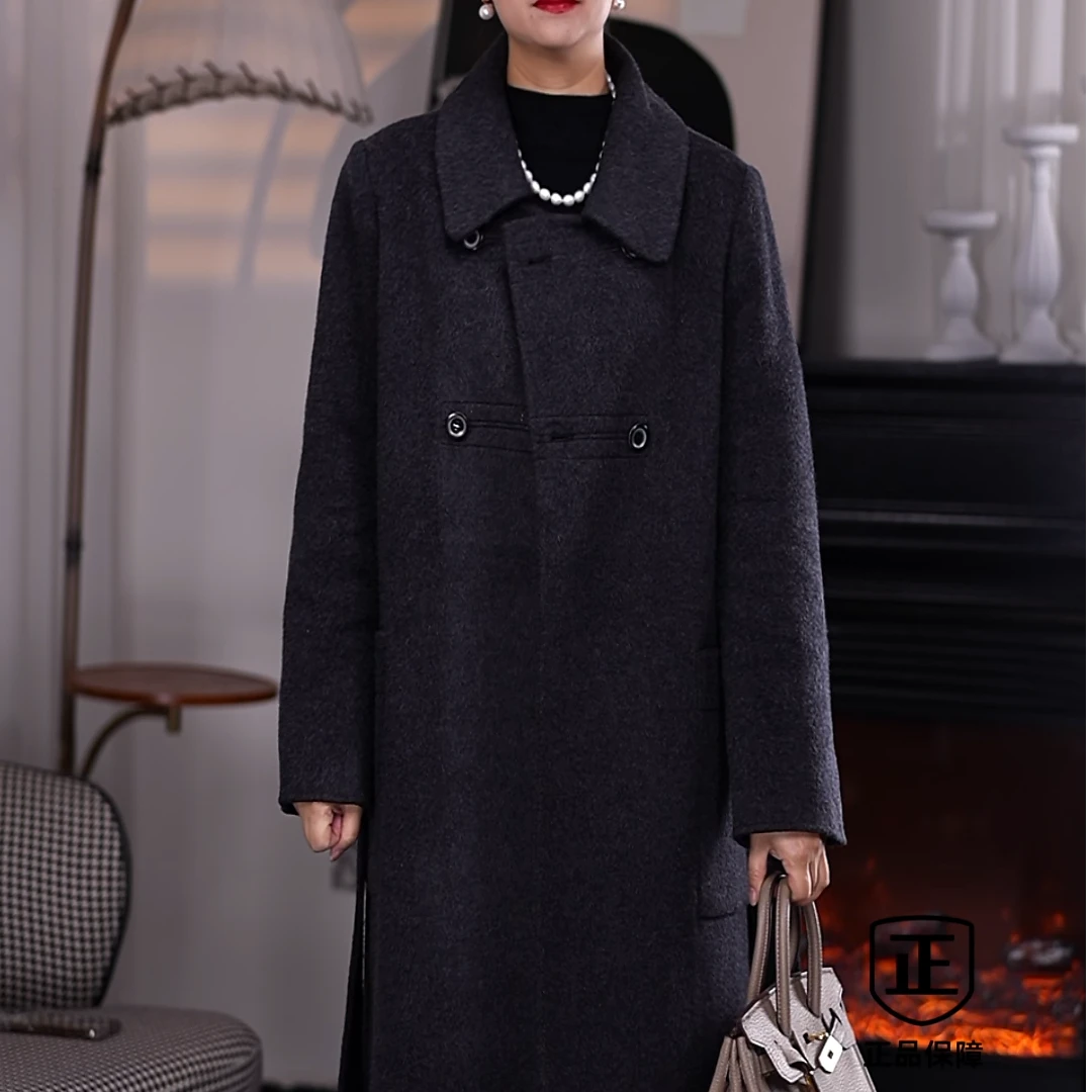 女士秋冬时尚洋气长款双面羊毛大衣长款呢子翻领