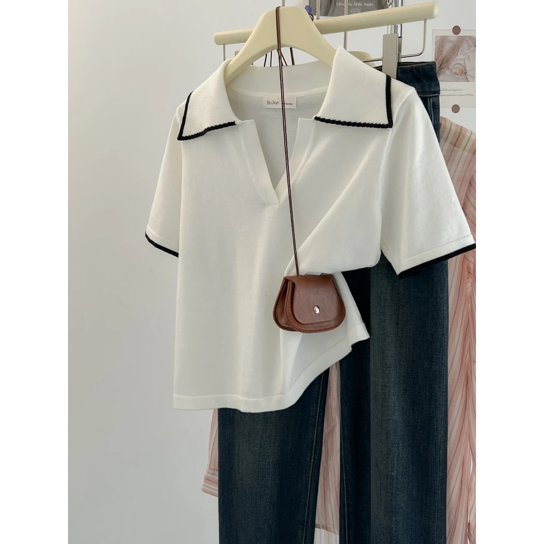 白色翻领正肩短袖t恤女夏季法式高级感轻熟风时尚针织衫polo上衣