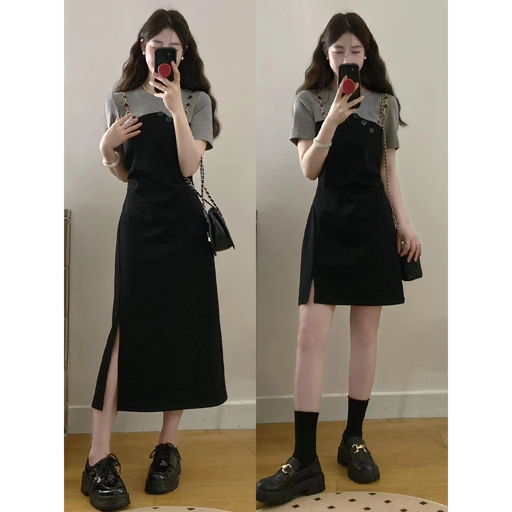 微胖妹妹大码女装2025夏季新款假两件拼接设计感收腰显瘦连衣裙潮