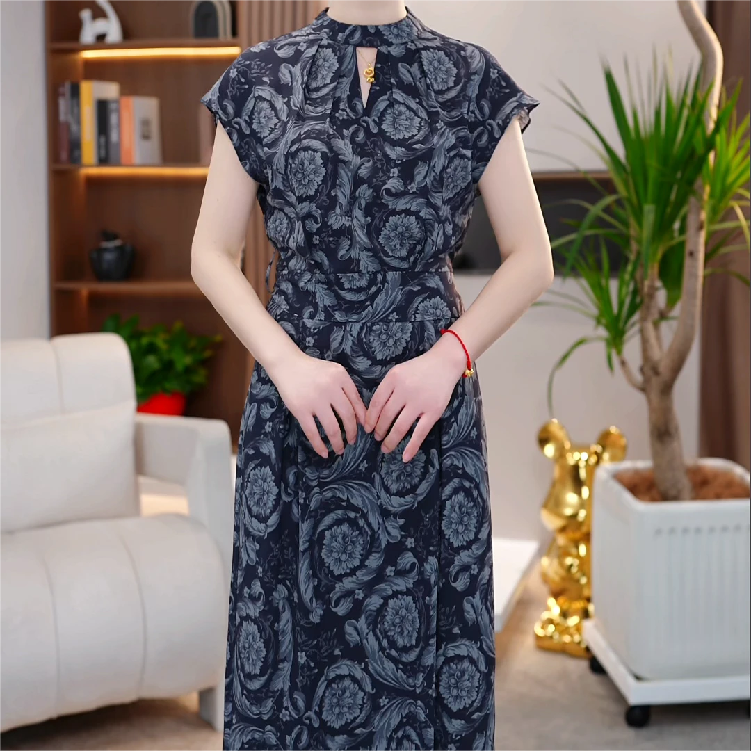 2025气质时尚轻奢新款爆款显瘦5月灰黑印花夏季连衣裙