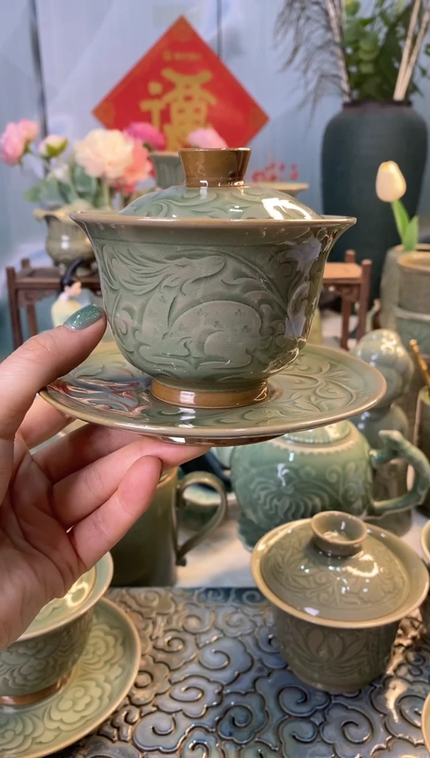 【闪购商品】900073手工刻花三才盖碗礼盒装