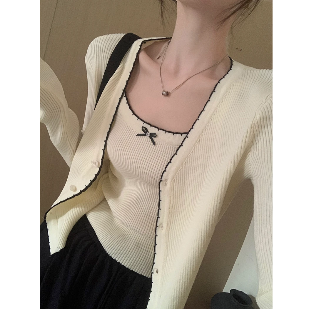 高级感穿搭气质名媛小香风针织两件套短款吊带背心+针织开衫外套