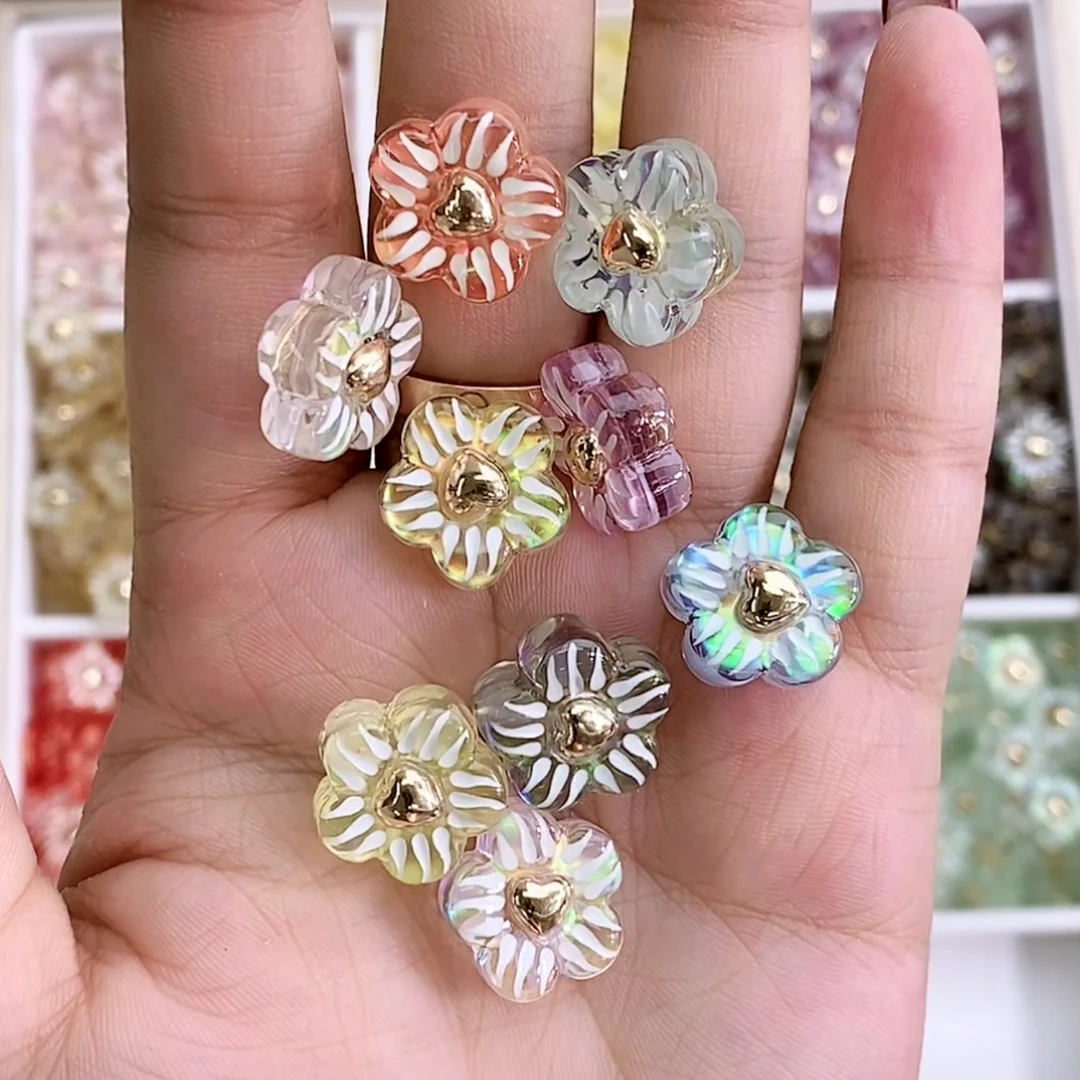 DIY饰品配饰 韩国胶定制珠 双面手绘贴爱心 向阳花 通孔散珠手作