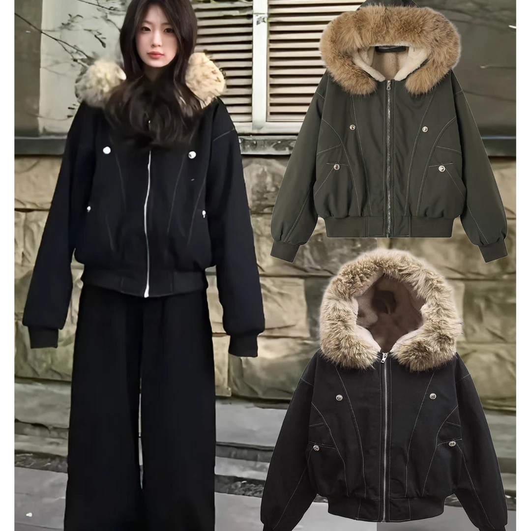 新款棉女冬季加厚工装棉衣派克服座山雕棉袄外套拼接毛毛棉服女款