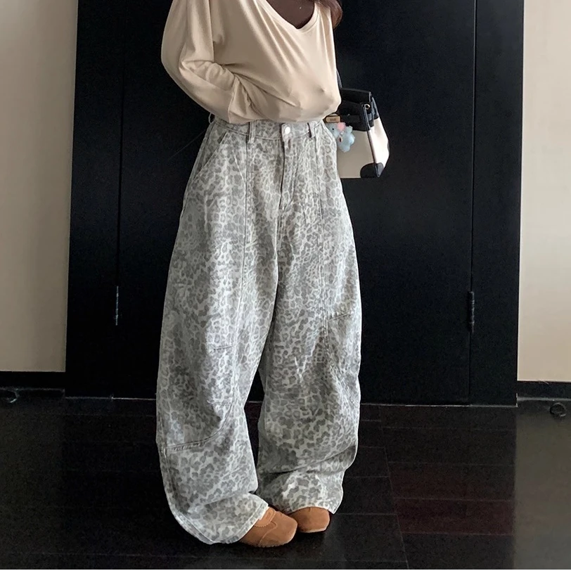 美式复古豹纹弯刀牛仔裤女夏季辣妹廓形松弛慵懒宽松阔腿拖地裤子