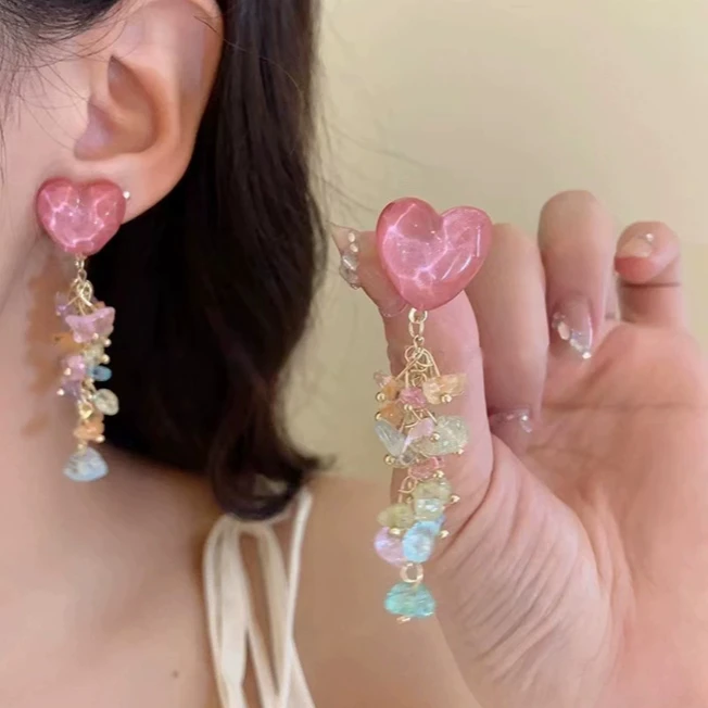 合金耳饰 银针波光粼粼爱心水晶流苏耳环韩国清新气质耳钉