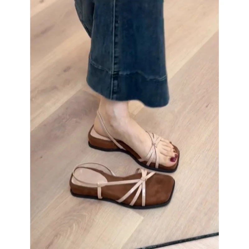 法式小众厚底露趾凉鞋女夏季2025年新款后绊带百搭软底罗马凉鞋女