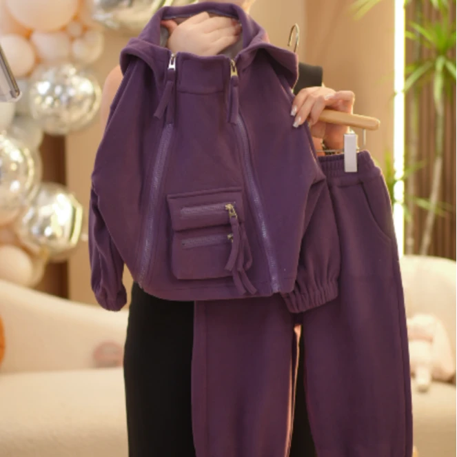 【现货在仓】24春秋儿童设计师加绒加厚连帽时尚韩版纯色套装MLT72