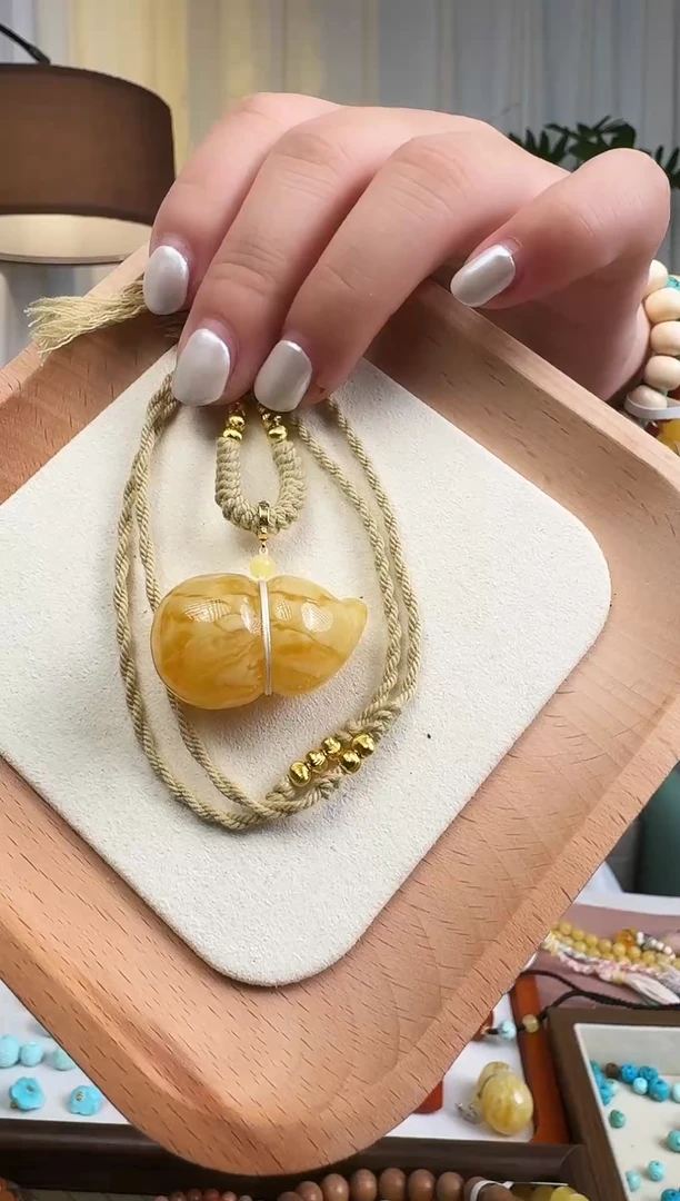 蜜蜡项链银S925镶嵌芝**胡蜜蜡虎皮葫芦