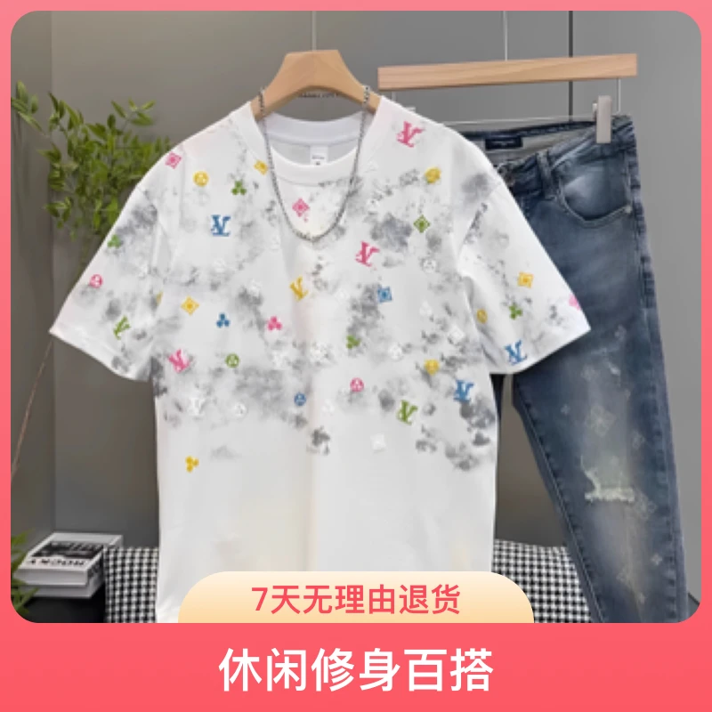 时尚潮流新款短袖T恤男士夏季水彩发泡休闲修身百搭炸街半袖上衣