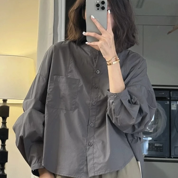 9980纯棉长袖衬衫春秋宽松慵懒风落肩袖气质百搭显瘦小个子上衣潮