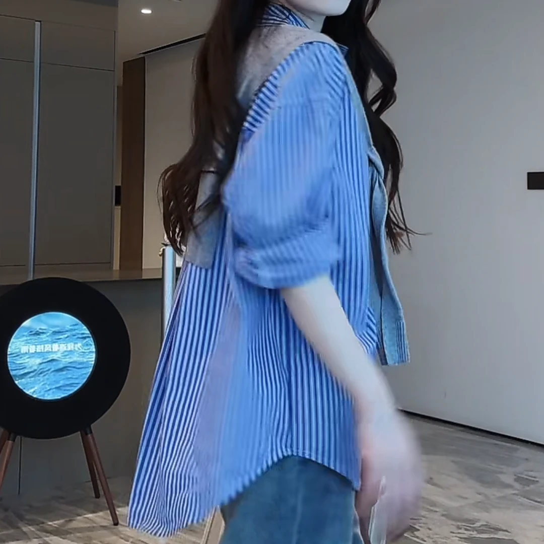 蓝色条纹衬衫女长袖春季2025新款内搭衬衣轻奢高级感法式复古上衣