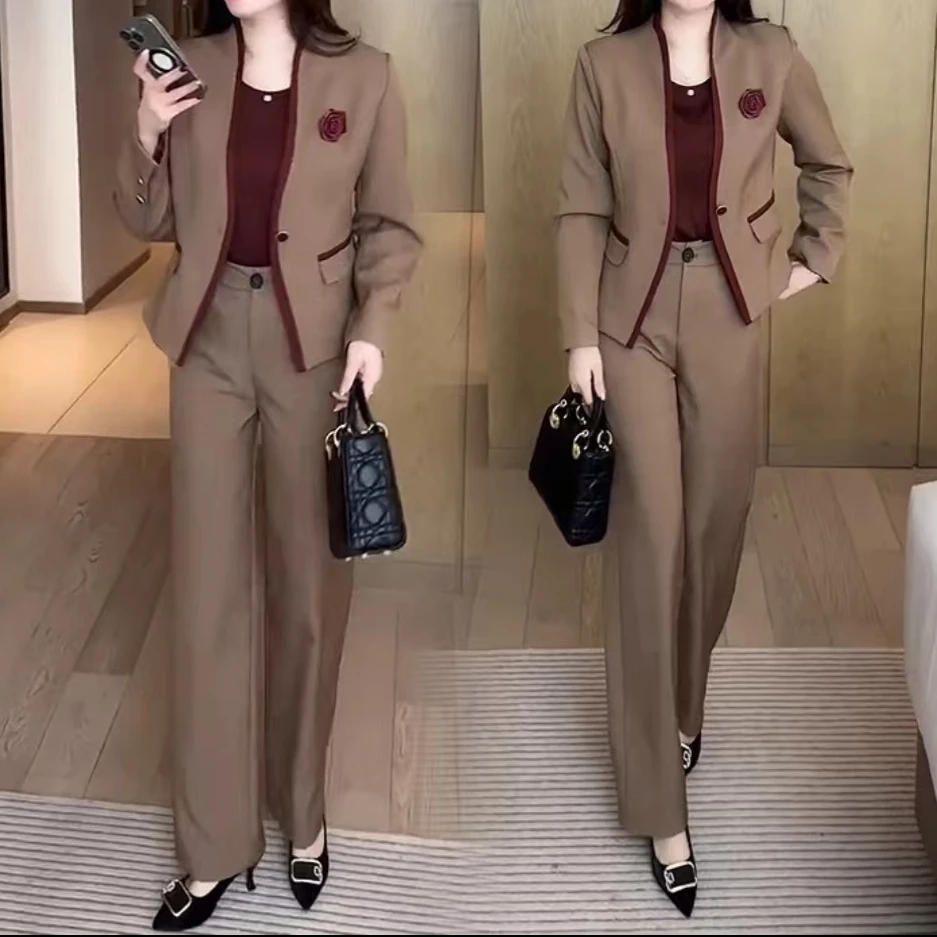 时尚套装女2025春季新款洋气显瘦职业西装外套背心阔腿裤三件套潮