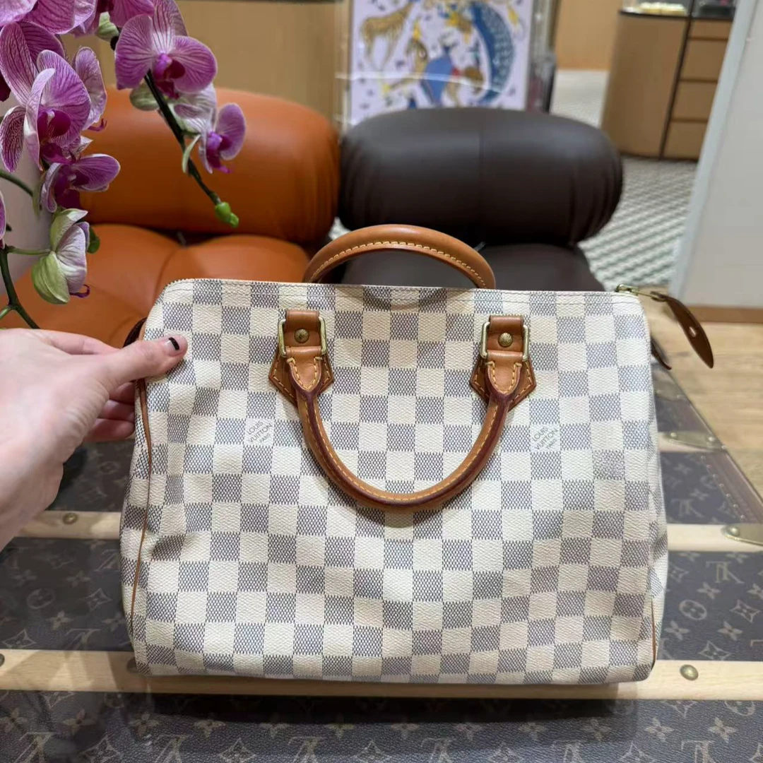 90新 LouisVuitton/路易威登 29 speedy30白棋盘格手提包