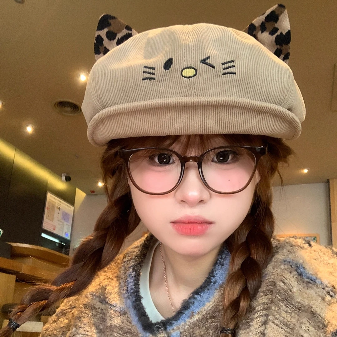 可爱猫耳朵豹纹灯芯绒翻檐贝雷帽女秋冬显脸小八角帽子百搭画家帽